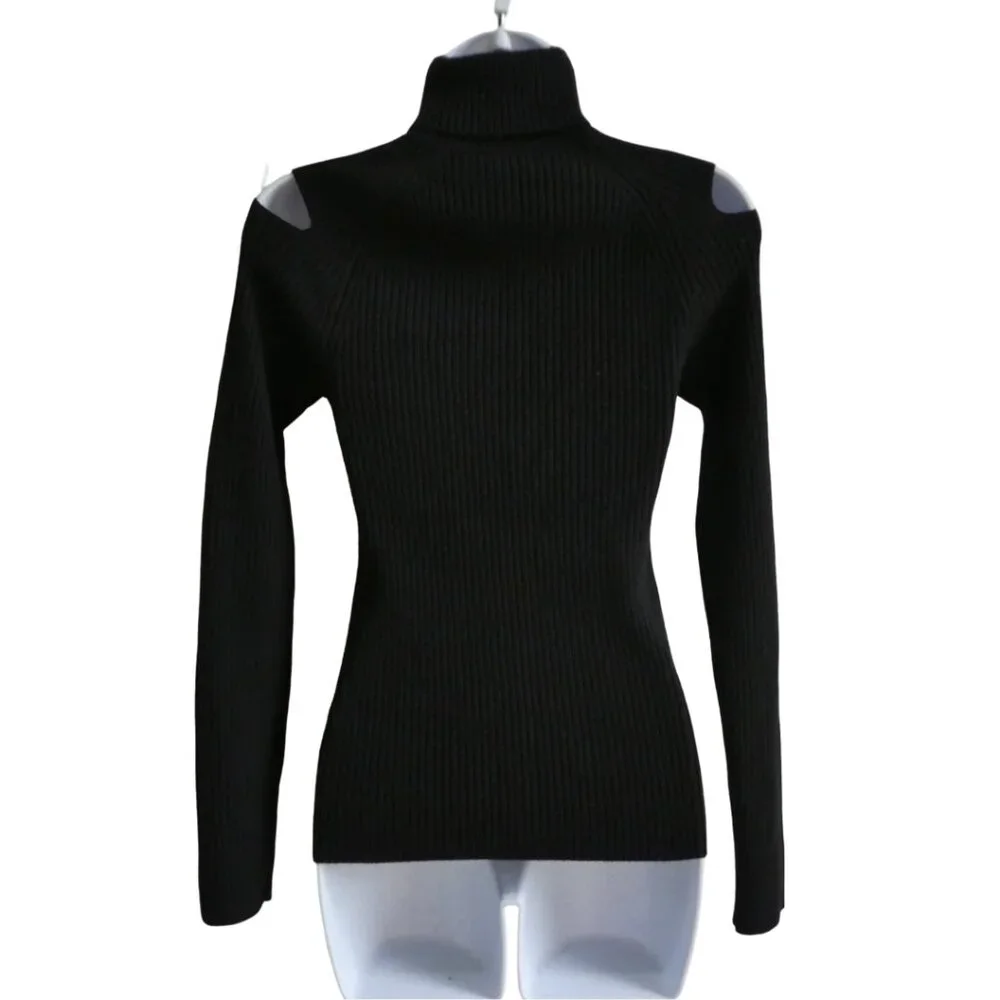WooL Theory Jemliss Evian Stretch Black Ribbed Knit Sweater Peekaboo Shoulder S
